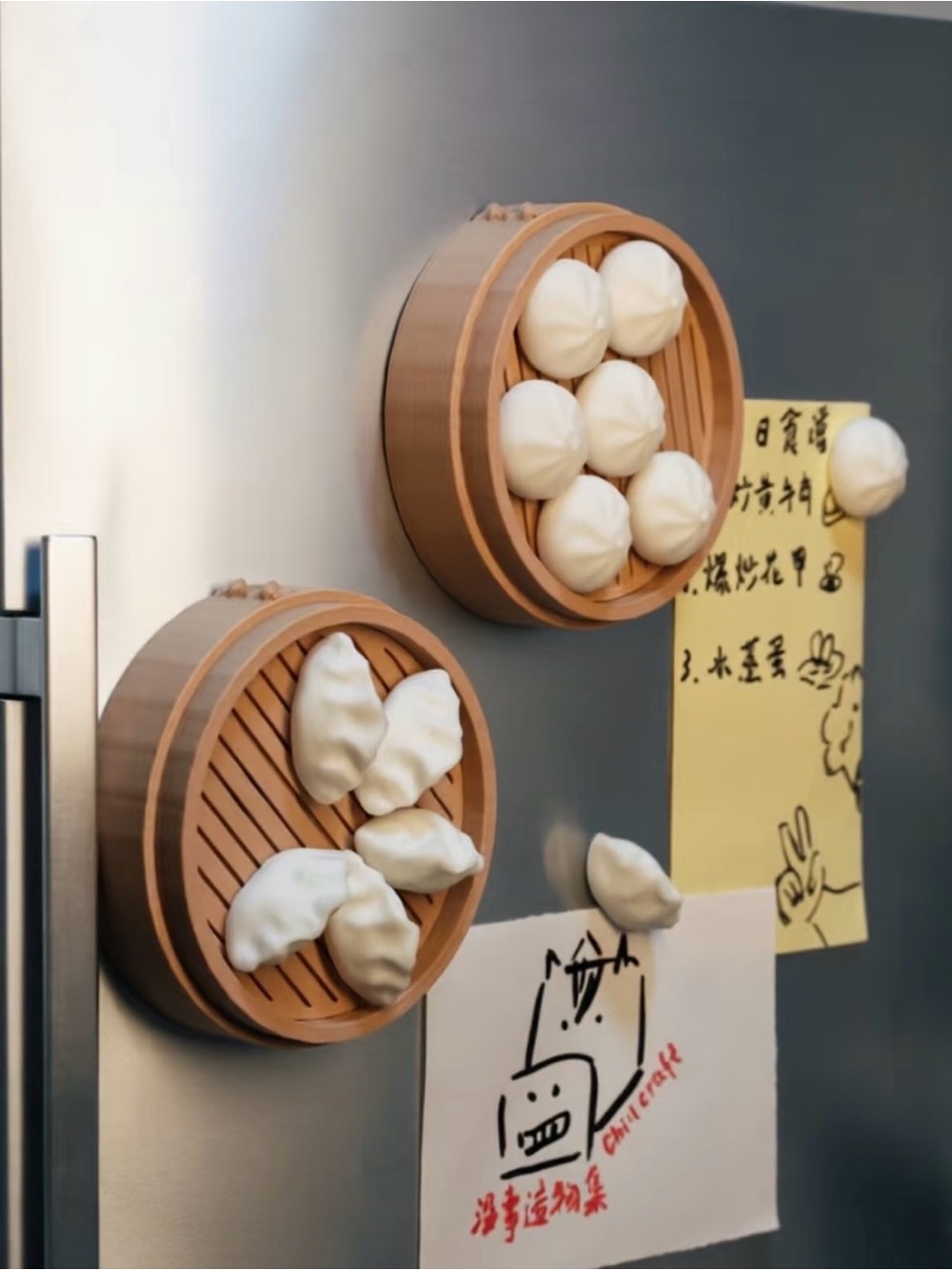 Interactive Dumpling Fridge Magnet Set 7 Magnetic Dumplings & Bamboo Steamer